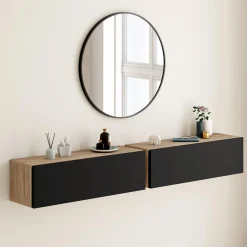 Lot de 2 consoles étagères suspendues couleur bois et porte noir*IDMarket Sale