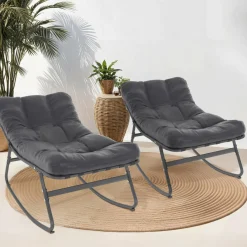 Lot de 2 fauteuils de jardin à bascule métal gris anthracite avec coussins*IDMarket