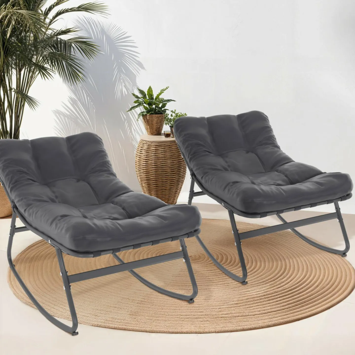 Lot de 2 fauteuils de jardin à bascule métal gris anthracite avec coussins*IDMarket