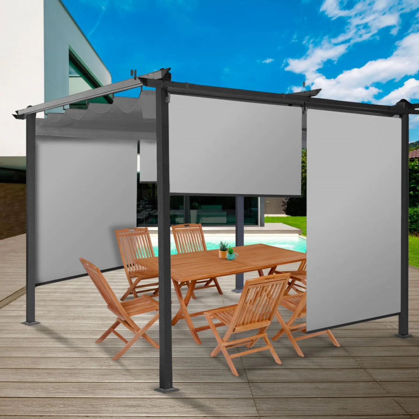 Lot de 3 stores enrouleurs gris clair pour pergola*IDMarket Outlet