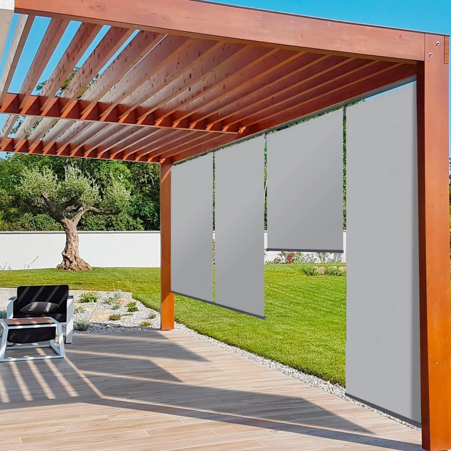 Lot de 2 stores enrouleurs gris clair pour pergola*IDMarket Clearance