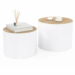 Lot de 2 tables basses cylindres gigognes bois et blanc*IDMarket Best