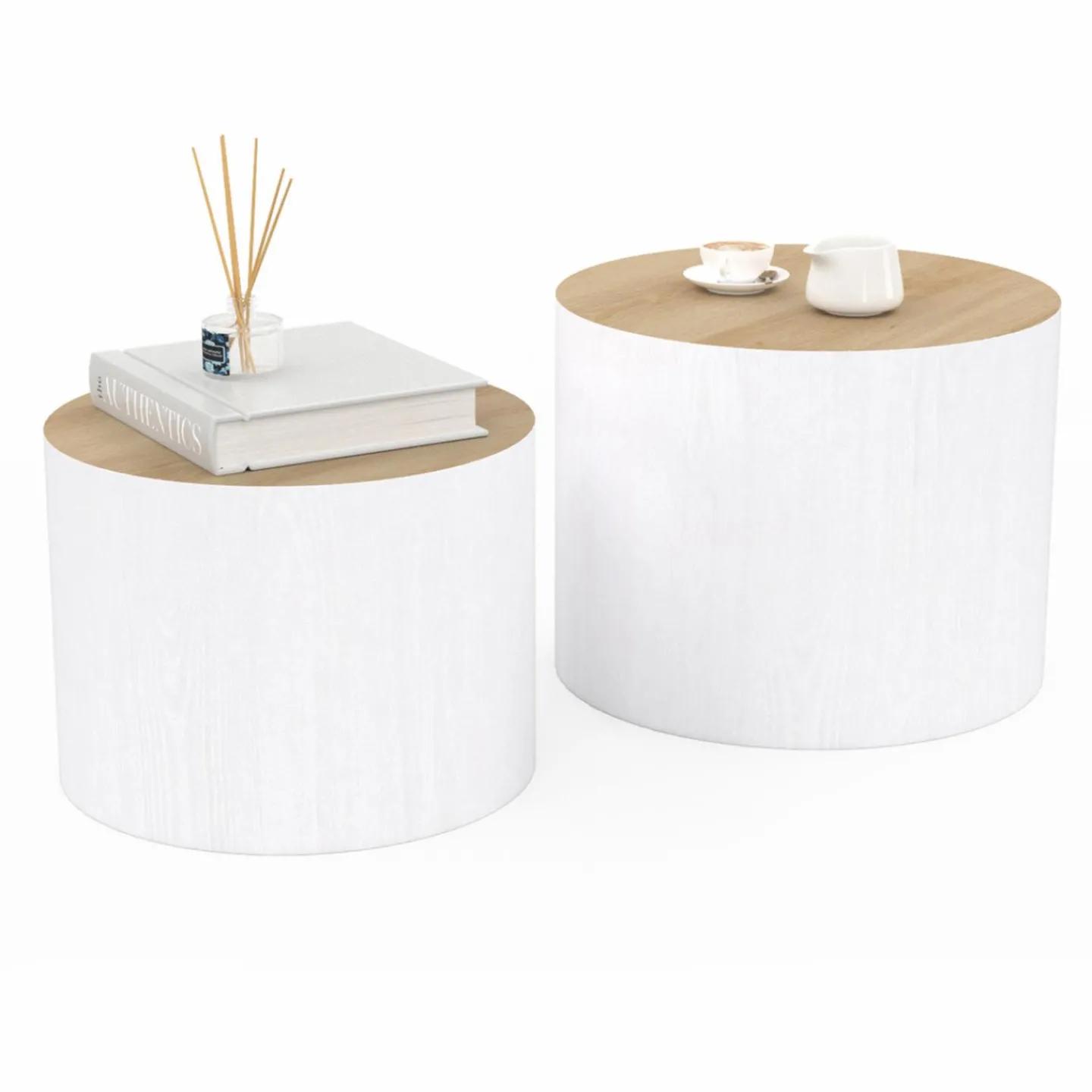 Lot de 2 tables basses cylindres gigognes bois et blanc*IDMarket Best