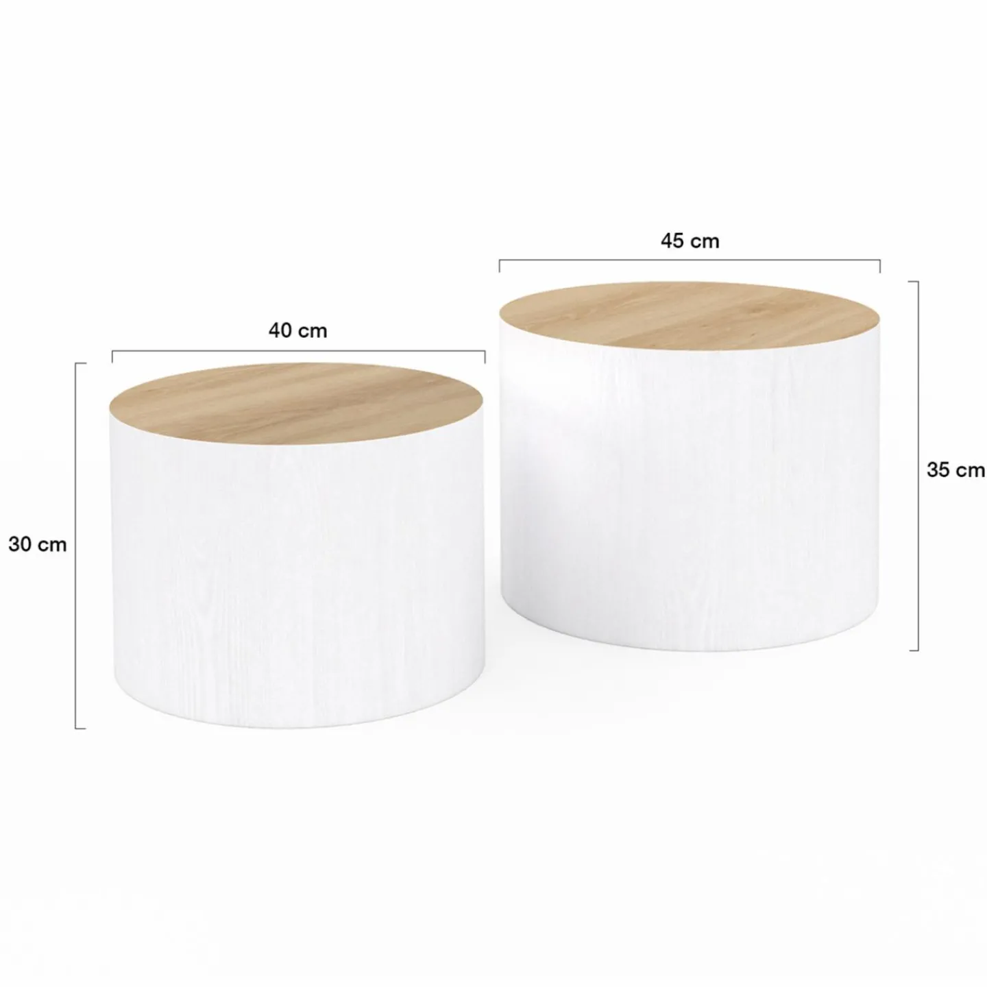 Lot de 2 tables basses cylindres gigognes bois et blanc*IDMarket Best