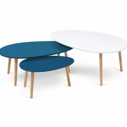 Lot de 3 tables basses de salon gigognes scandinaves laquées blanches et bleues*IDMarket Discount
