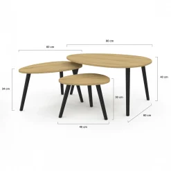 Lot de 3 tables basses gigognes bois et pieds noirs scandinave*IDMarket Online