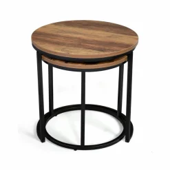 Lot de 2 tables basses gigognes rondes style industriel bois foncé*IDMarket Sale