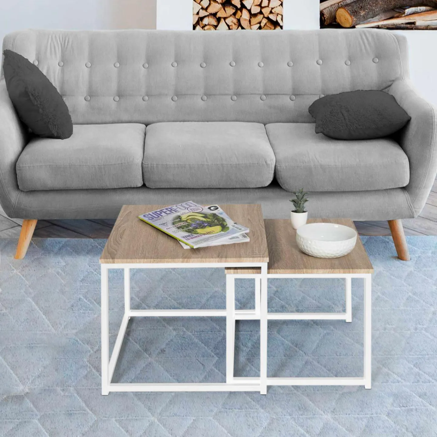 Lot de 2 tables basses gigognes bois et métal blanc*IDMarket