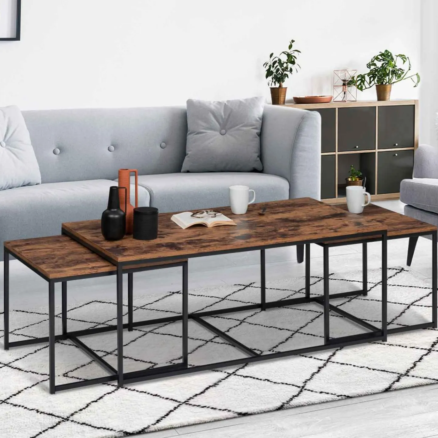 Lot de 3 tables basses gigognes industrielles effet bois vieilli*IDMarket Discount