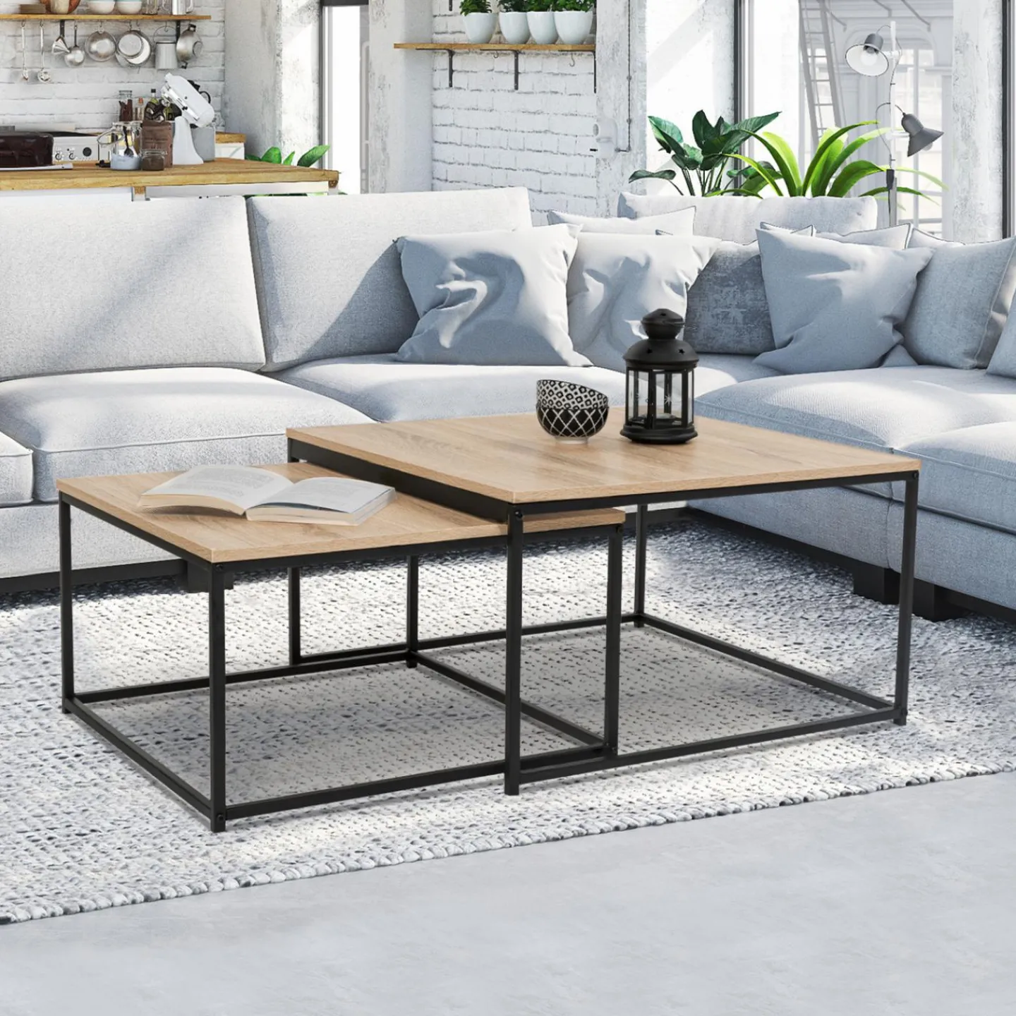 Lot de 2 tables basses gigognes industrielles 70x70cm et 60x60 cm*IDMarket Outlet