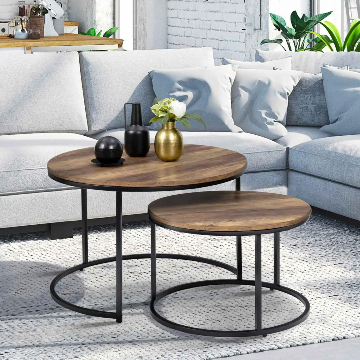 Lot de 2 tables basses gigognes rondes bois foncé et métal*IDMarket Best