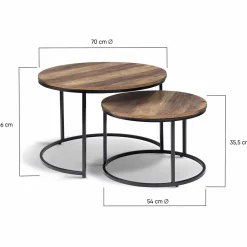 Lot de 2 tables basses gigognes rondes bois foncé et métal*IDMarket Best