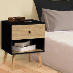Lot de 2 tables de chevet scandinaves bois et noir 1 tiroir*IDMarket