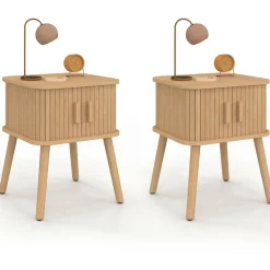 Lot de 2 tables de chevet 2 portes coulissantes lattes tasseaux bois coloris chêne*IDMarket Best