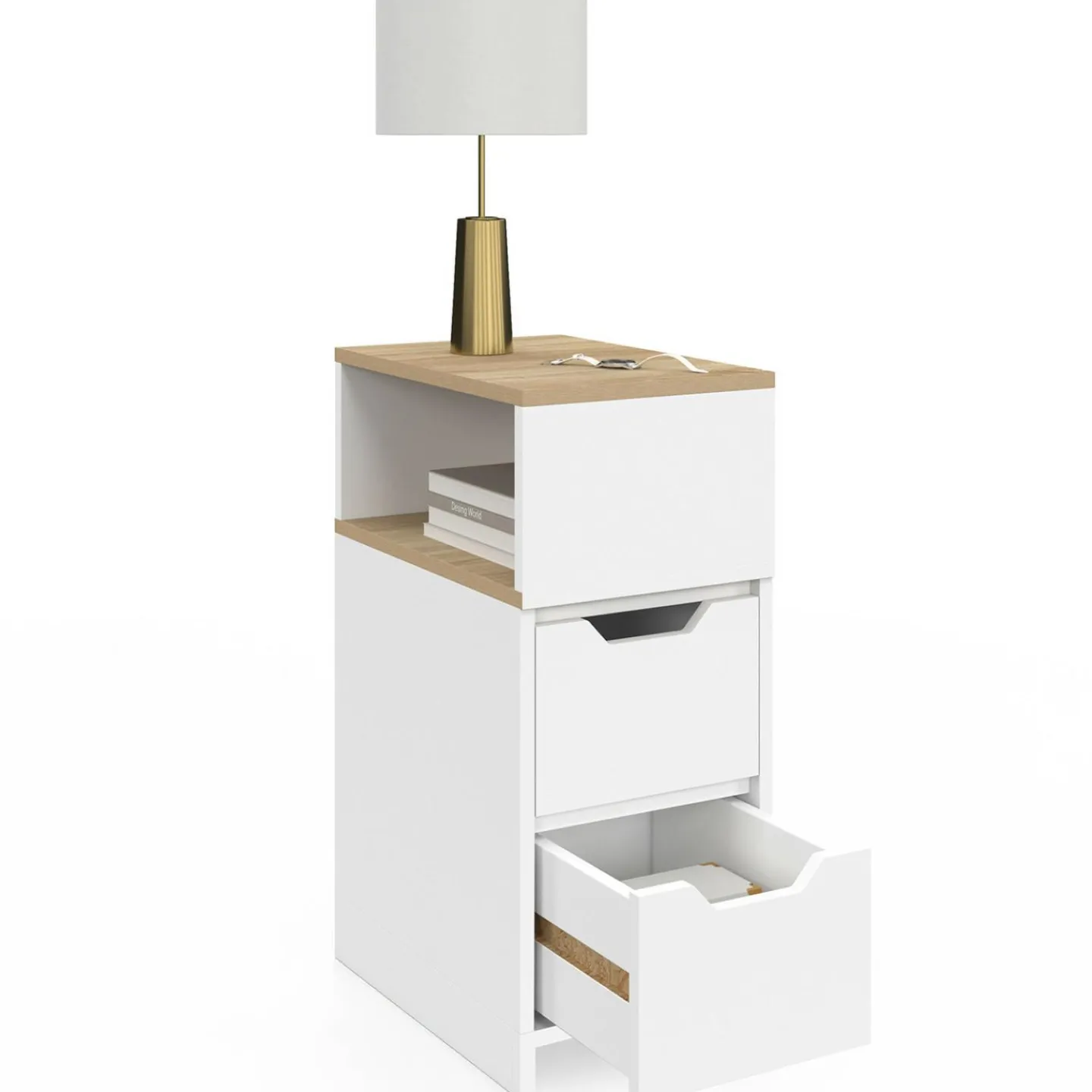 Lot de 2 tables de chevet bois et blanc 2 tiroirs avec niche latérale réversible*IDMarket Best