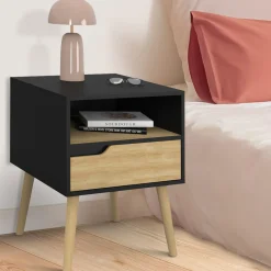 Lot de 2 tables de chevet scandinaves avec tiroir bois noir et effet hêtre*IDMarket