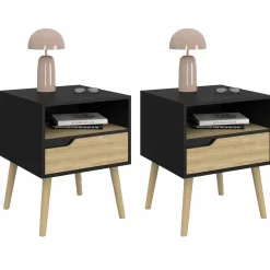 Lot de 2 tables de chevet scandinaves avec tiroir bois noir et effet hêtre*IDMarket