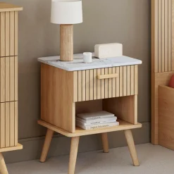 Lot de 2 tables de chevet JULIETTE plateau effet marbre 1 tiroir avec niche lattes tasseau bois*IDMarket Sale