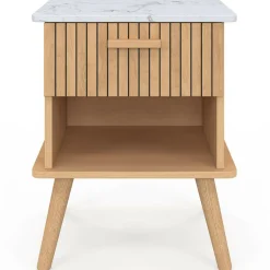 Lot de 2 tables de chevet JULIETTE plateau effet marbre 1 tiroir avec niche lattes tasseau bois*IDMarket Sale