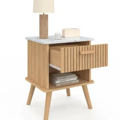 Lot de 2 tables de chevet JULIETTE plateau effet marbre 1 tiroir avec niche lattes tasseau bois*IDMarket Sale