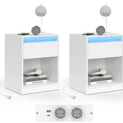 Lot de 2 tables de chevet à LED avec station de recharge 1 tiroir et niche*IDMarket Clearance