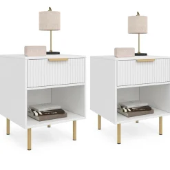 Lot de 2 tables de chevet bois blanc avec 1 tiroir lattes tasseau, une niche et pieds doré*IDMarket Clearance