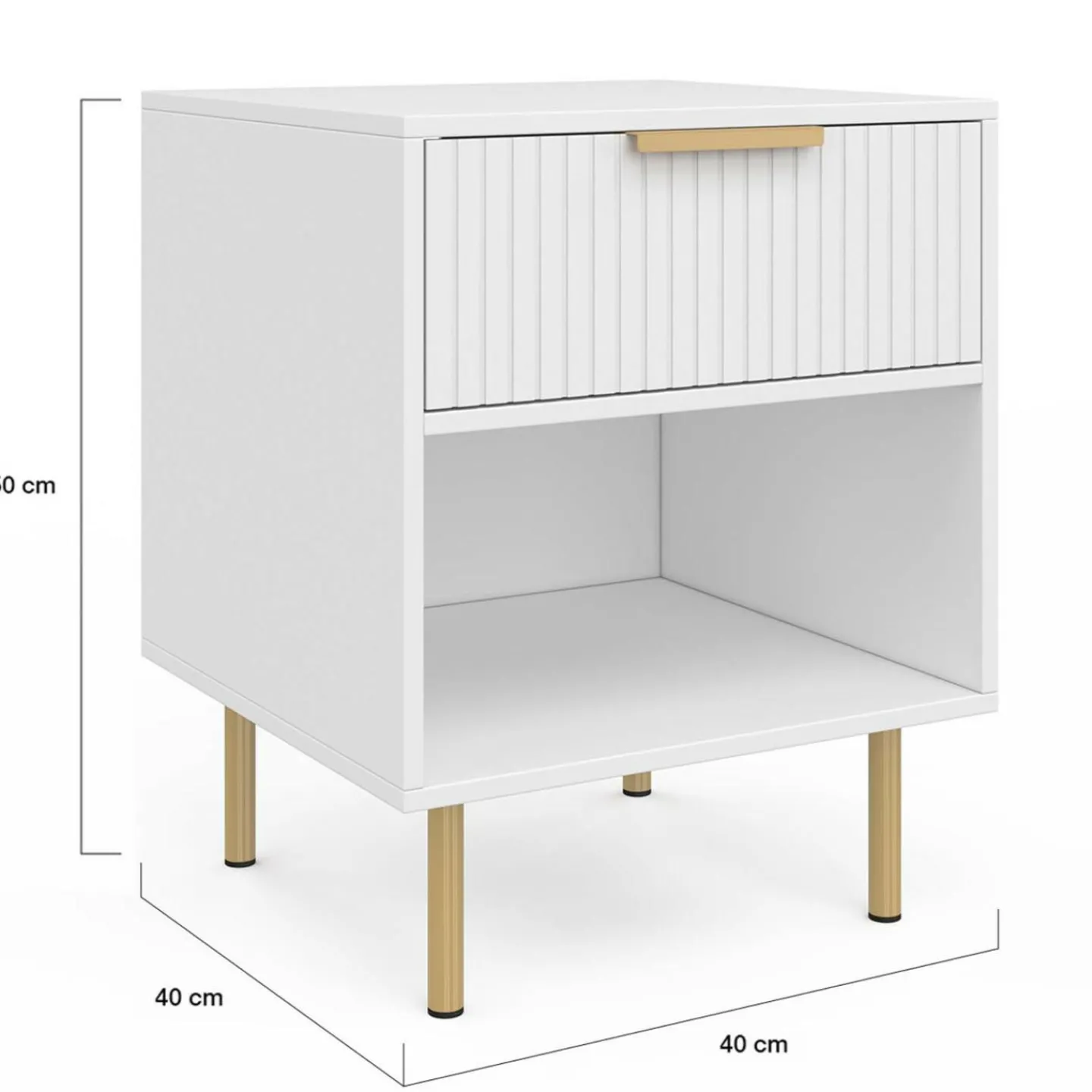Lot de 2 tables de chevet bois blanc avec 1 tiroir lattes tasseau, une niche et pieds doré*IDMarket Clearance