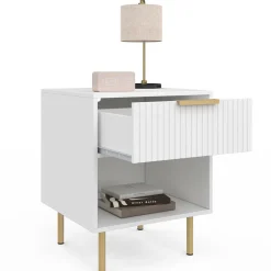 Lot de 2 tables de chevet bois blanc avec 1 tiroir lattes tasseau, une niche et pieds doré*IDMarket Clearance