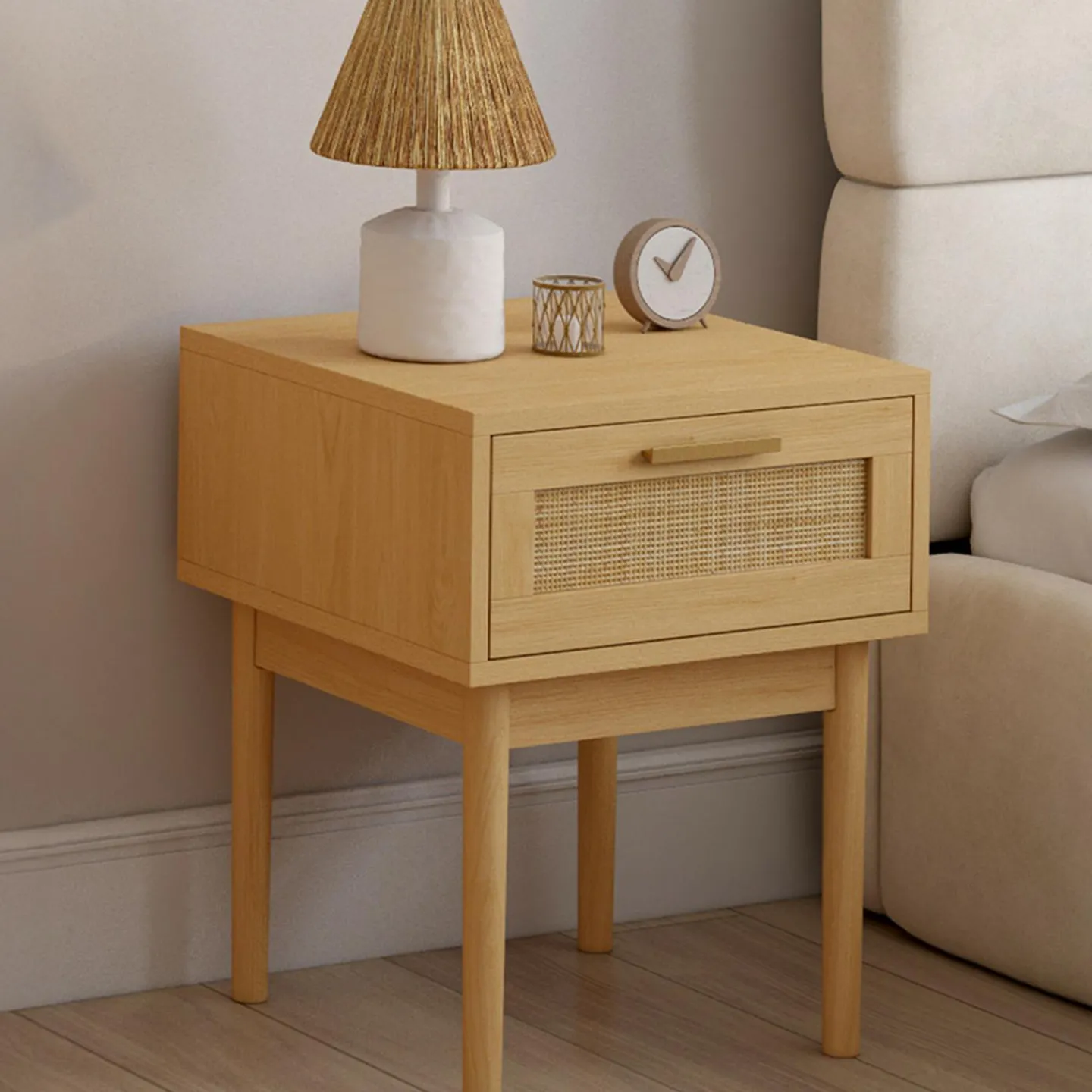 lot de 2 tables de chevet en bois cannage effet naturel avec 1 tiroir*IDMarket Discount