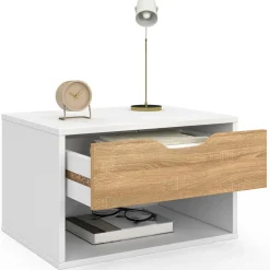 Lot de 2 tables de chevet suspendues 1 tiroir avec niche en bois façon hêtre et blanc*IDMarket Sale