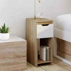 Lot de 2 tables de chevet 1 tiroir avec niche bois façon hêtre et blanc*IDMarket Discount