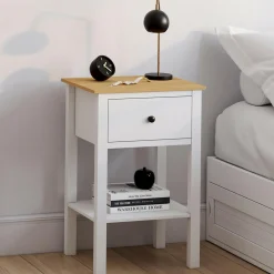 Lot de 2 tables de chevet 1 tiroir et 1 tablette blanc et plateau bois*IDMarket Clearance