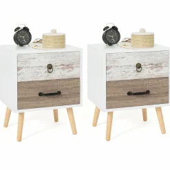 Lot de 2 tables de chevet scandinaves avec tiroirs blanc et bois*IDMarket New