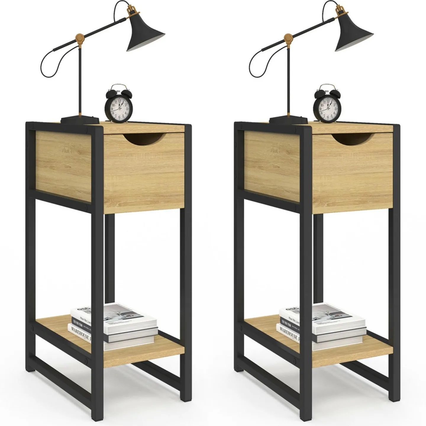 Lot de 2 tables de chevet gain de place bois et métal noir 1 tiroir 1 tablette style industriel*IDMarket Discount