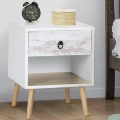 lot de 2 tables de chevet blanches effet vieilli 1 tiroir style scandinave*IDMarket Best