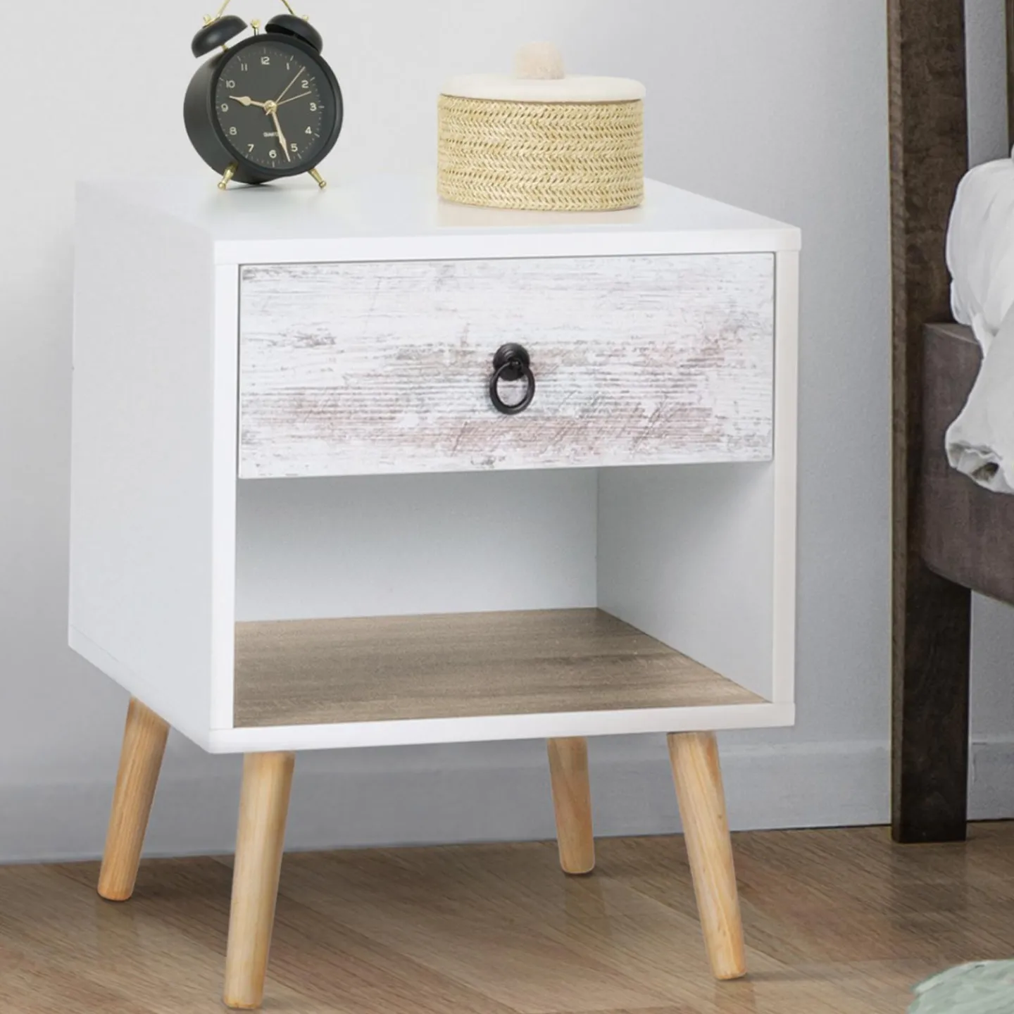 lot de 2 tables de chevet blanches effet vieilli 1 tiroir style scandinave*IDMarket Best