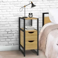 Lot de 2 tables de chevet bois et métal noir 2 tiroirs 1 niche style industriel*IDMarket Outlet