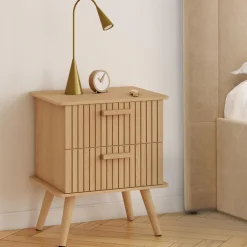 Lot de 2 tables de chevet 2 tiroirs lattes tasseau bois coloris chêne*IDMarket Clearance
