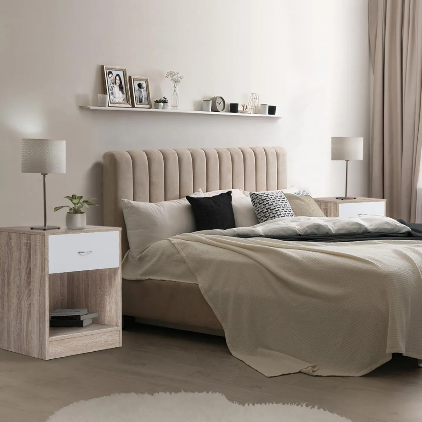 Lot de 2 tables de nuit bois façon hêtre tiroir blanc*IDMarket Sale