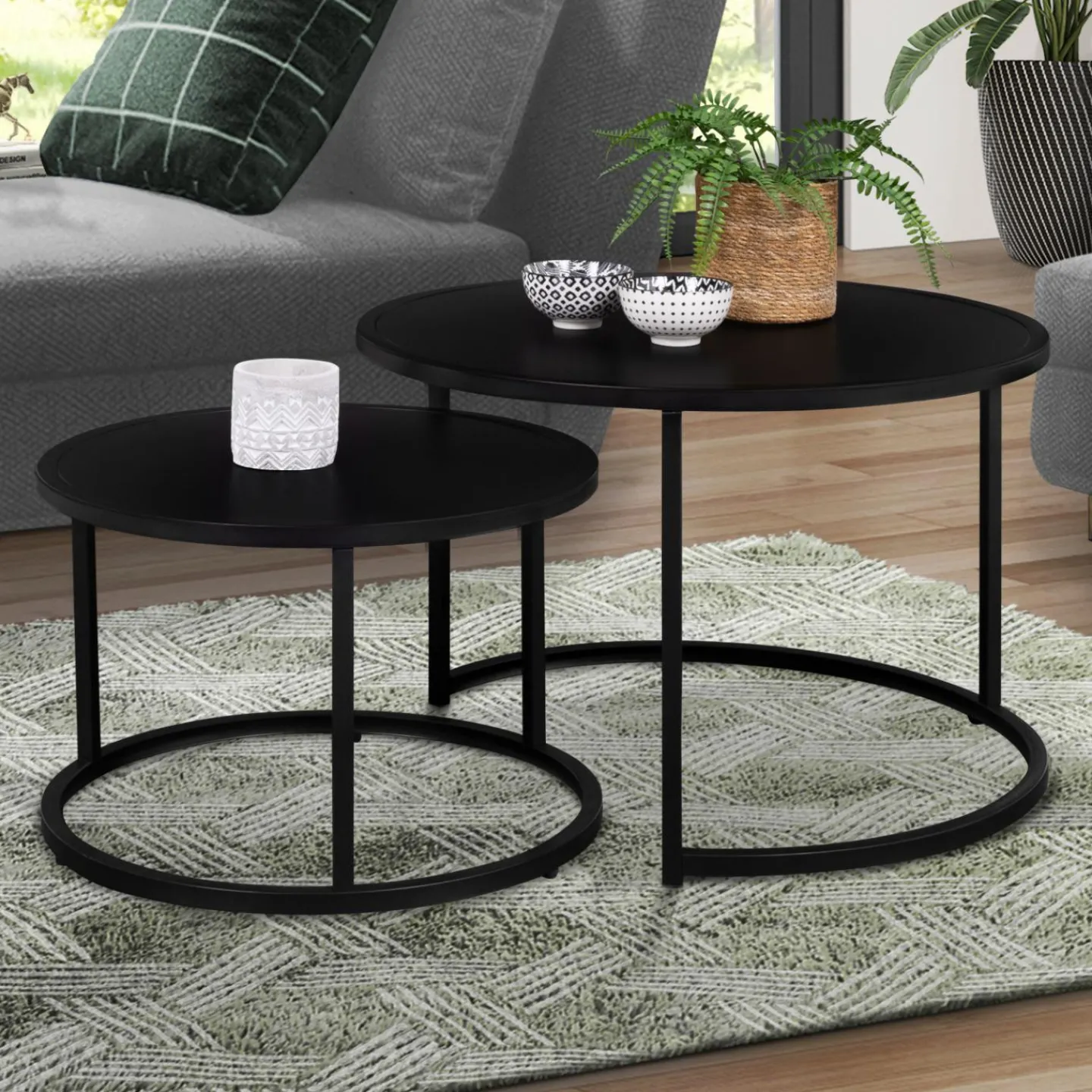 Lot de 2 tables gigognes rondes métal noir 54 cm et 70 cm*IDMarket Clearance