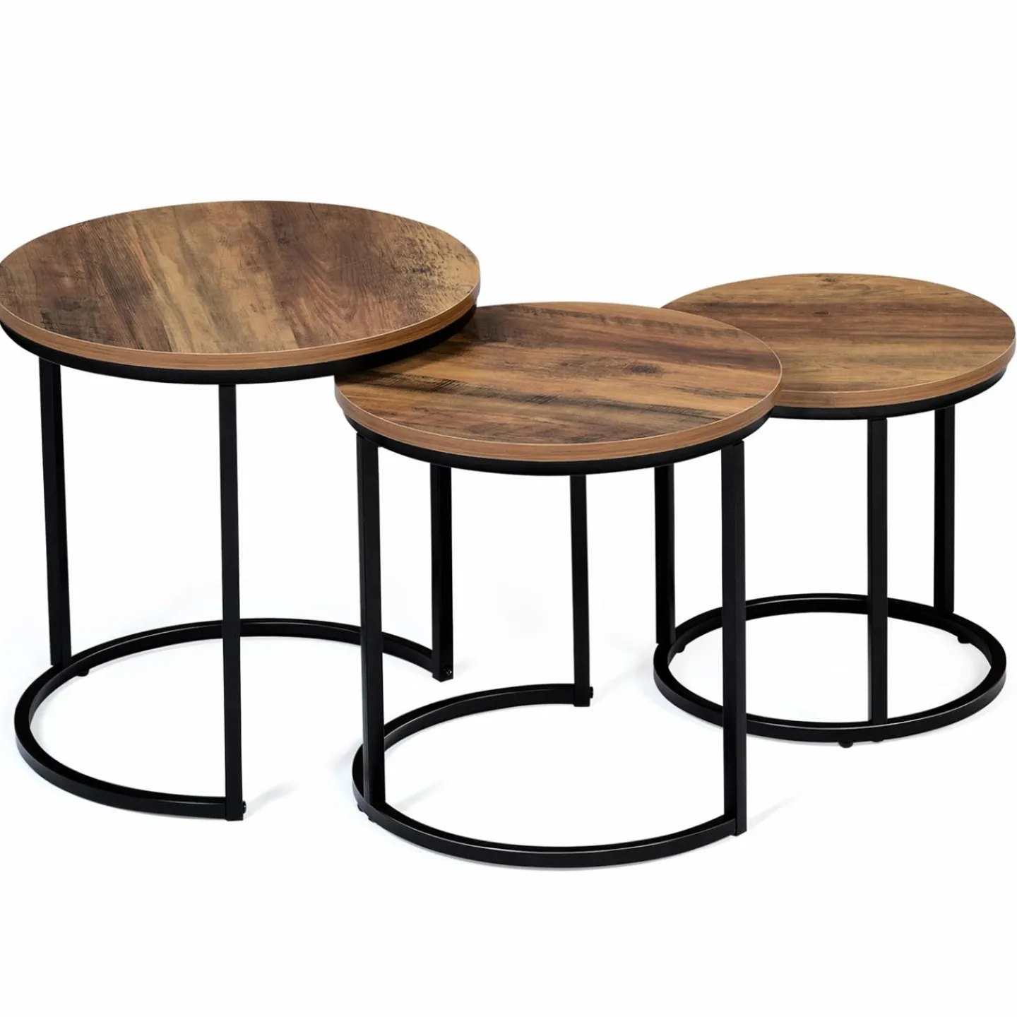 Lot de 3 tables gigognes rondes style industriel bois foncé*IDMarket Clearance