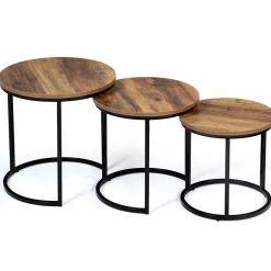 Lot de 3 tables gigognes rondes style industriel bois foncé*IDMarket Clearance