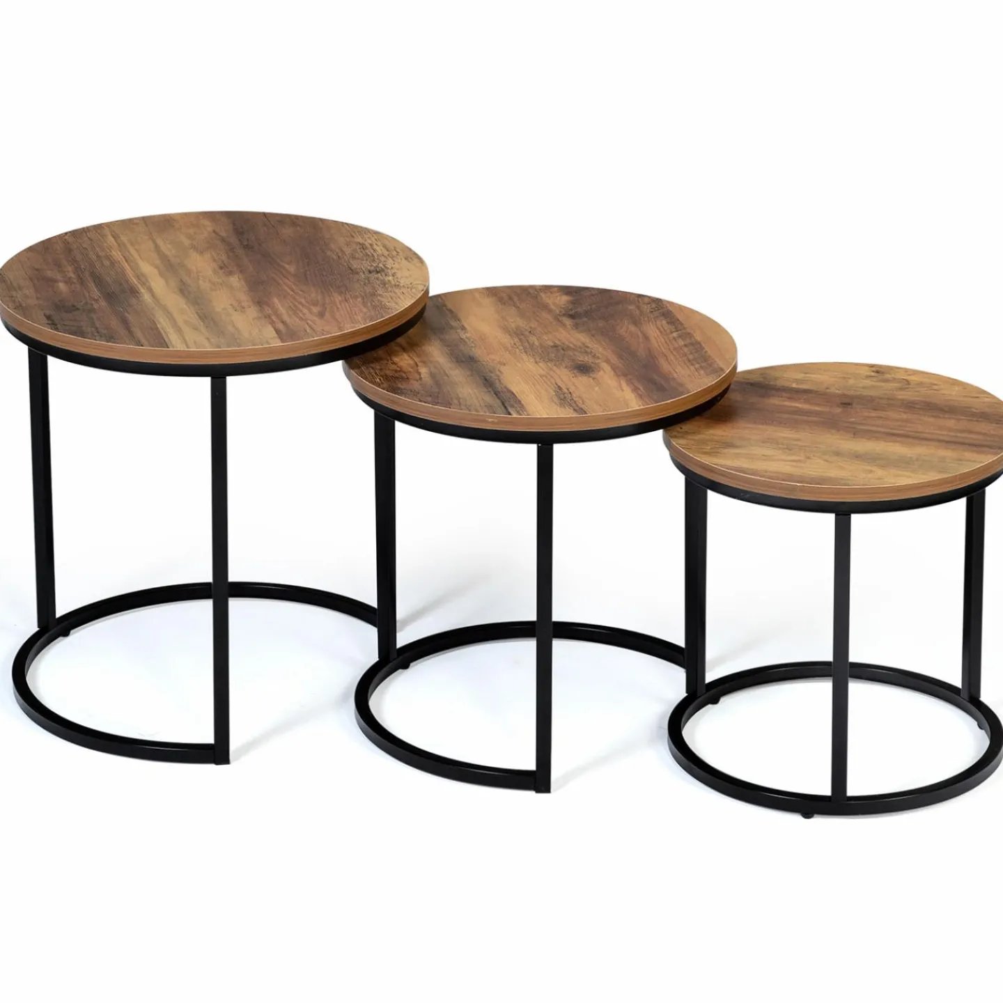 Lot de 3 tables gigognes rondes style industriel bois foncé*IDMarket Clearance