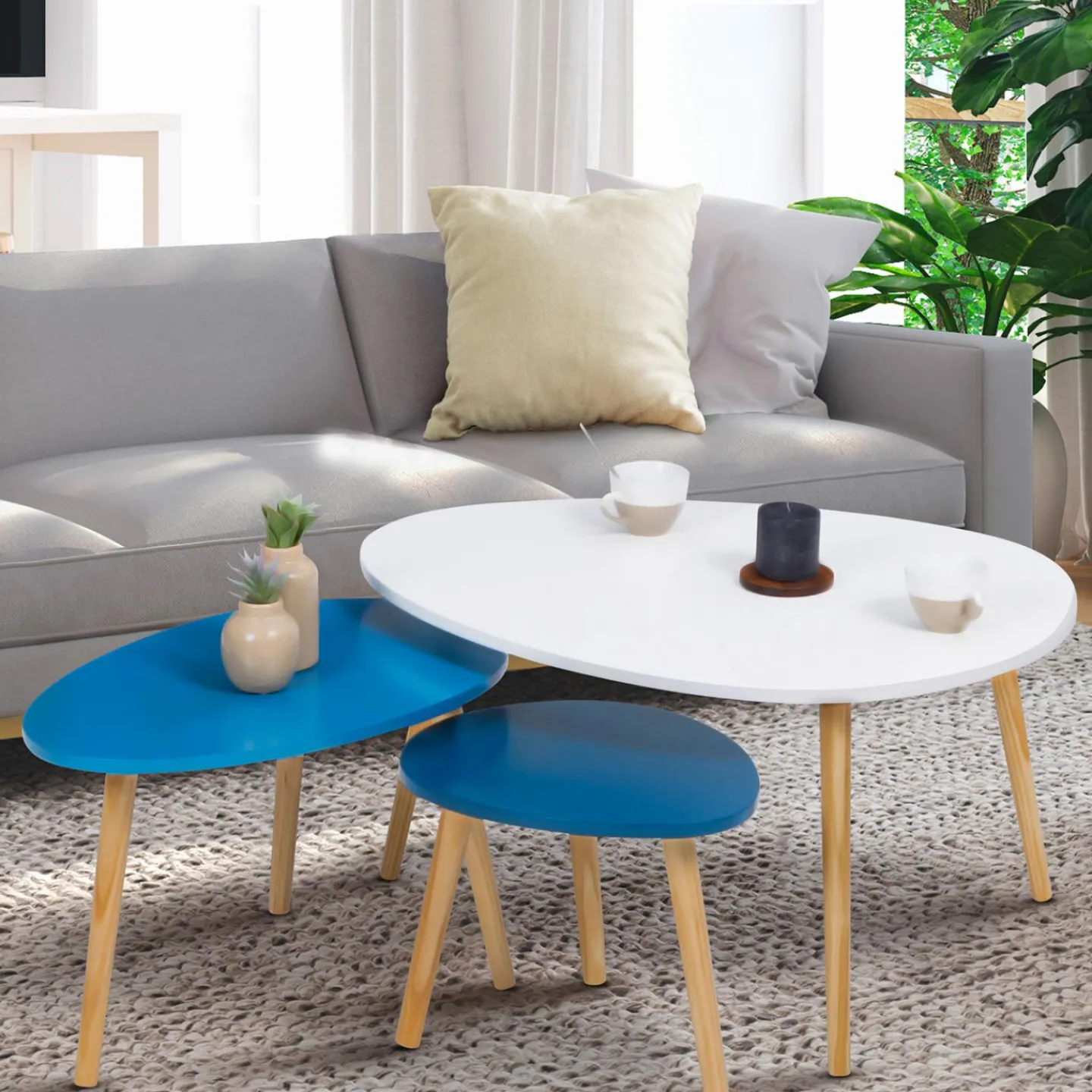 Lot de 3 tables gigognes scandinaves laquées blanc et bleu*IDMarket New