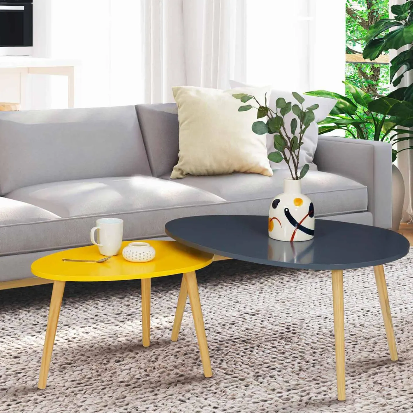 Lot de 2 tables gigognes scandinaves laquées gris et jaune*IDMarket Discount