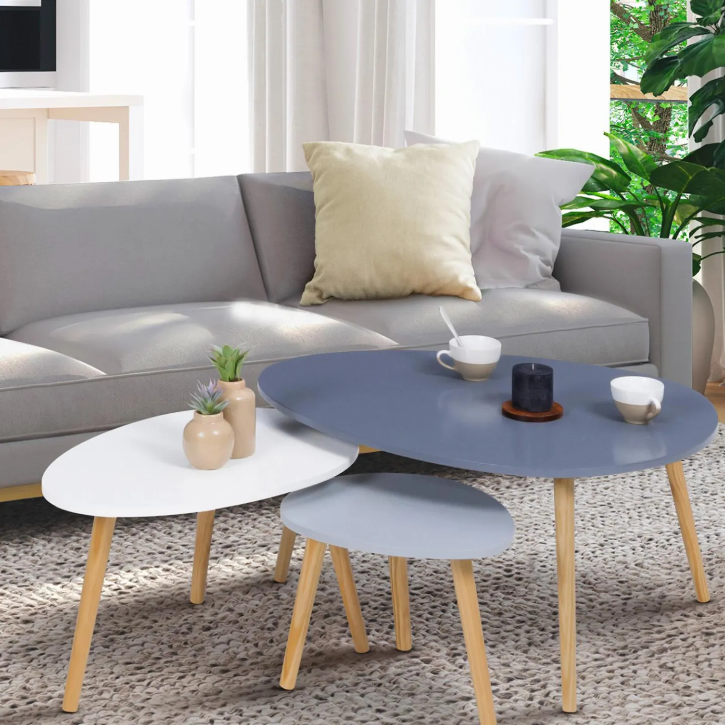 Lot de 3 tables gigognes scandinaves laquées blanche, gris clair et gris foncé*IDMarket Outlet