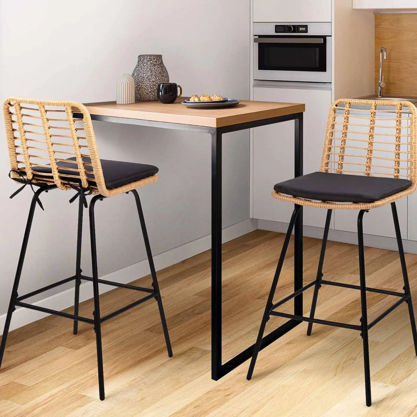 Lot de 2 tabourets de bar effet rotin pied métal noir*IDMarket Hot