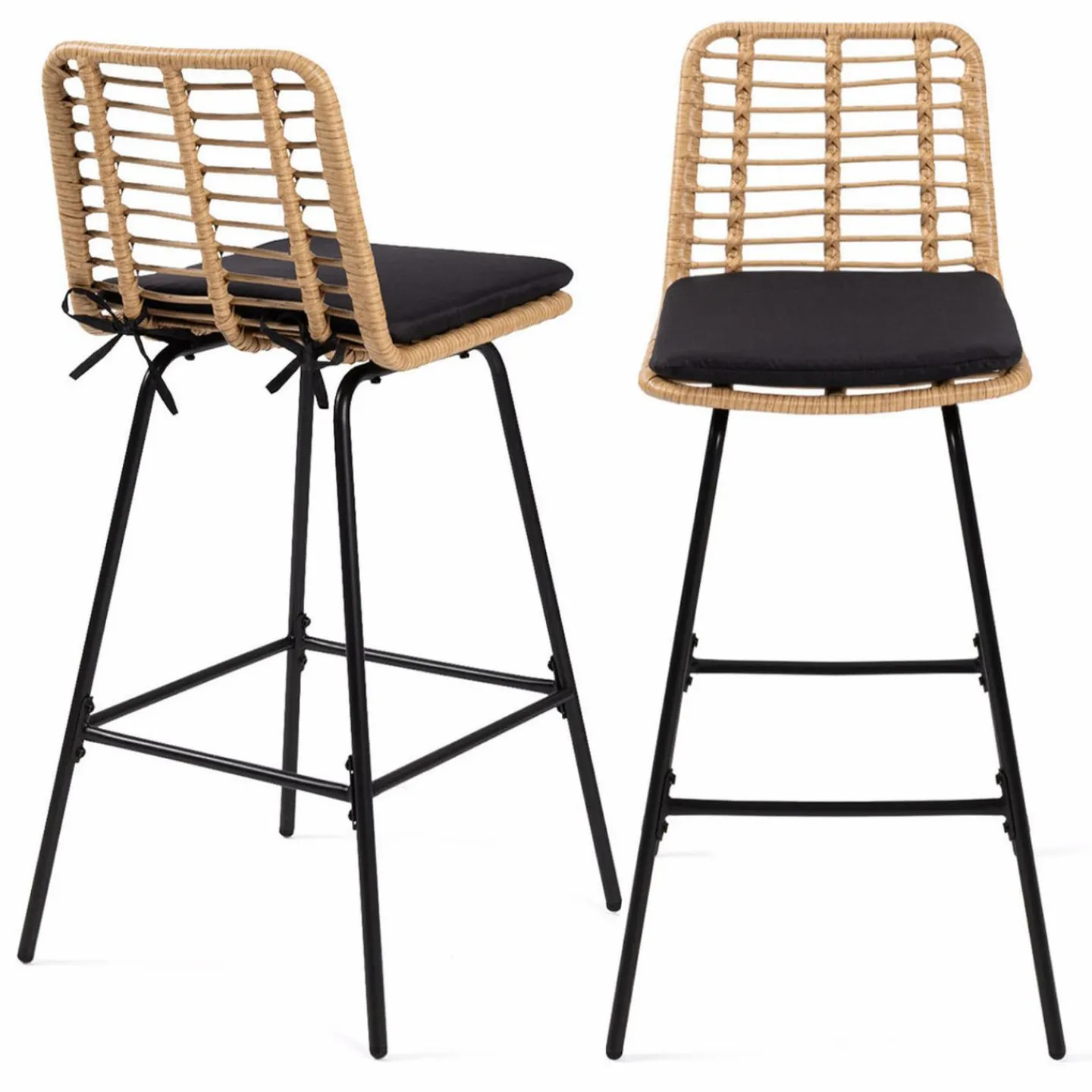 Lot de 2 tabourets de bar effet rotin pied métal noir*IDMarket Hot