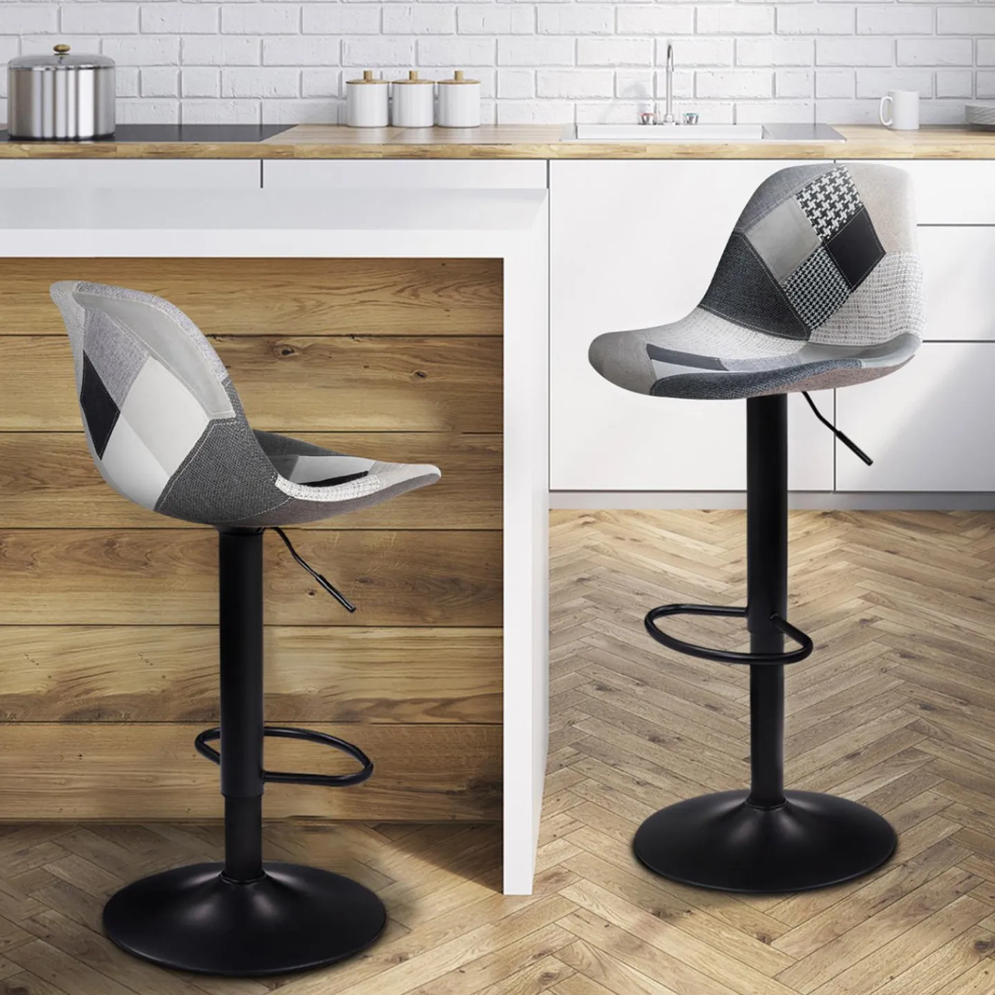 Lot de 2 tabourets de bar noirs réglables patchworks noirs, gris et blancs*IDMarket Online
