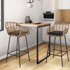 Lot de 2 tabourets de bar avec accoudoirs effet rotin beige pieds métal noir*IDMarket Hot